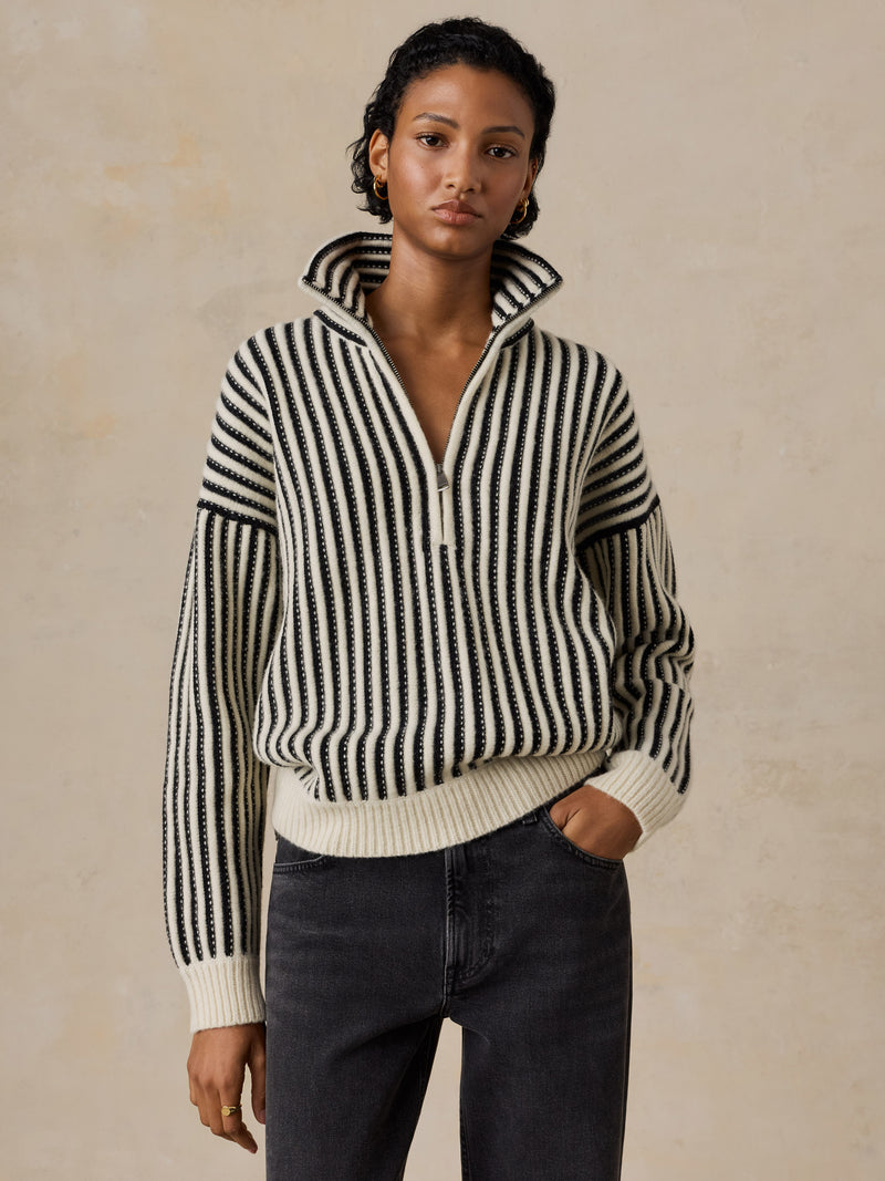 Spiral Knit Quarter Zip Sweater - Cream