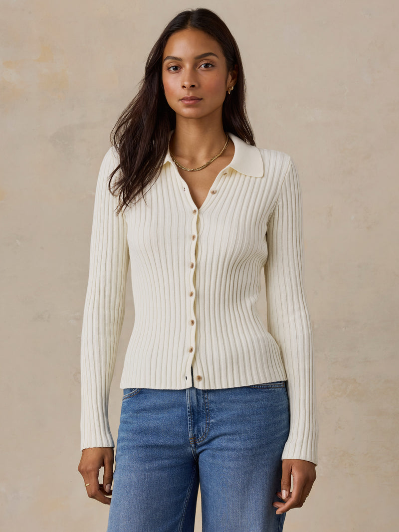 Sunwashed Cotton Ribbed Cardigan - Egret