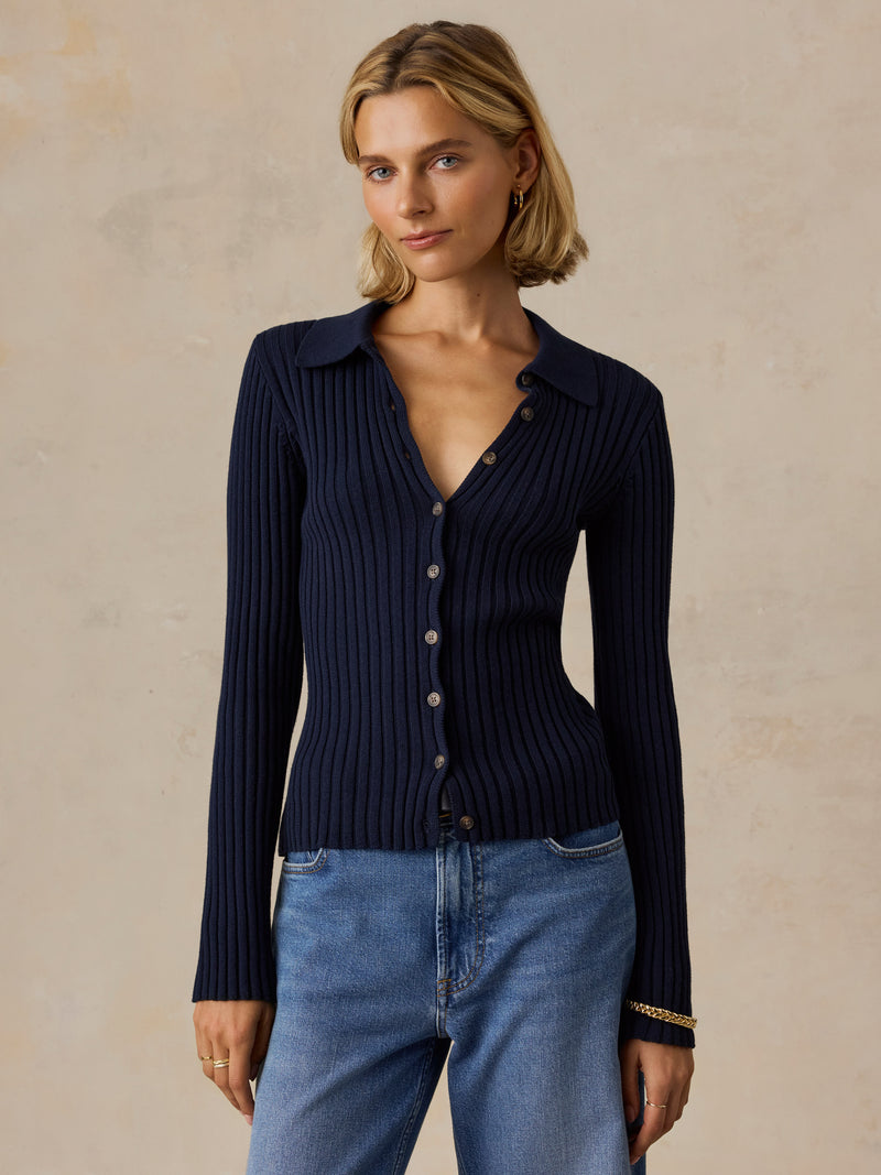 Sunwashed Cotton Ribbed Cardigan - Baritone Blue
