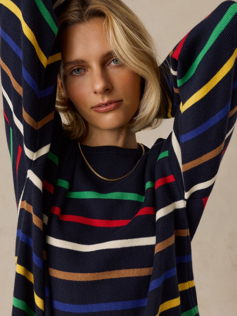 Cotton Cashmere Crew - Navy Multi Stripe